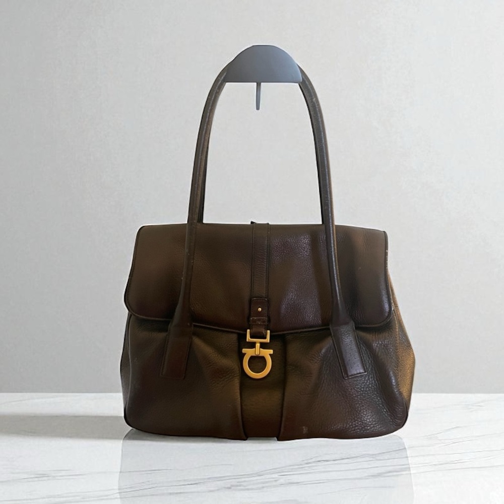 SALVATORE FERRAGAMO Black Leather Gancini Satchel Flap Bowler Bag Italy